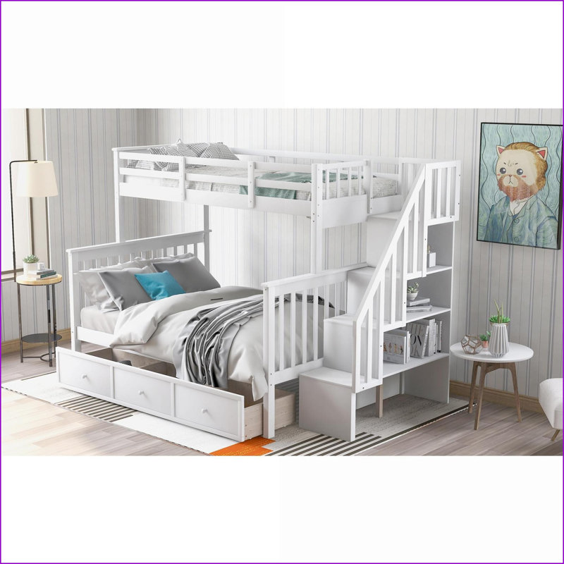 Twin-Over-Full Bunk Bed with Staircase Storage &amp; Drawer - Solid Pine Composite Wood, No Box Spring Needed, White for Bedroom/Dorm