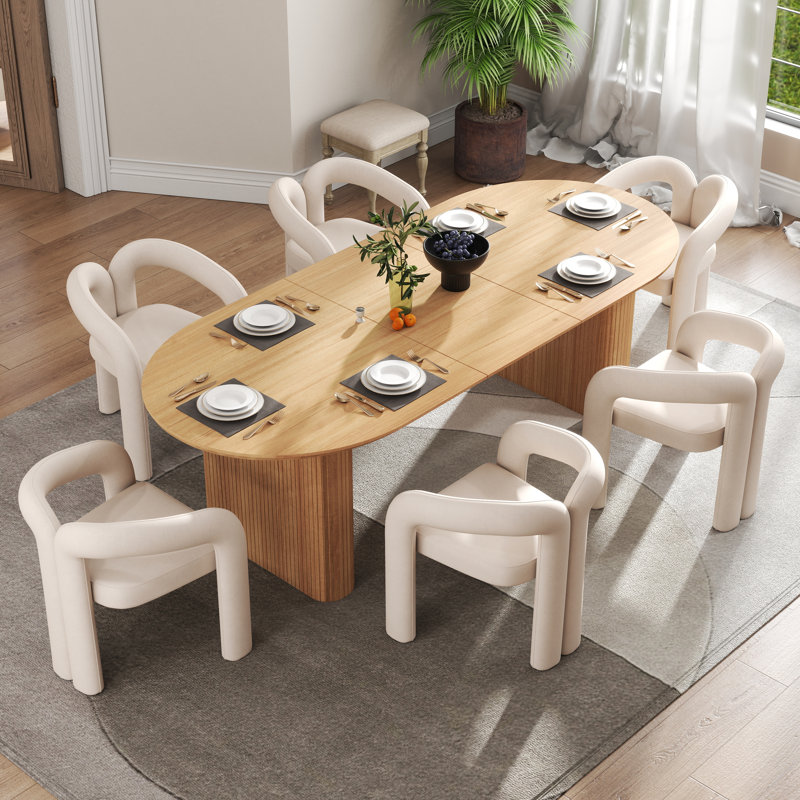 Modern Farmhouse Extendable 59.06" to 90.55" Table Dining Set for 4-8, 7 Pieces: Table, 6 Chairs, Beige, Oak