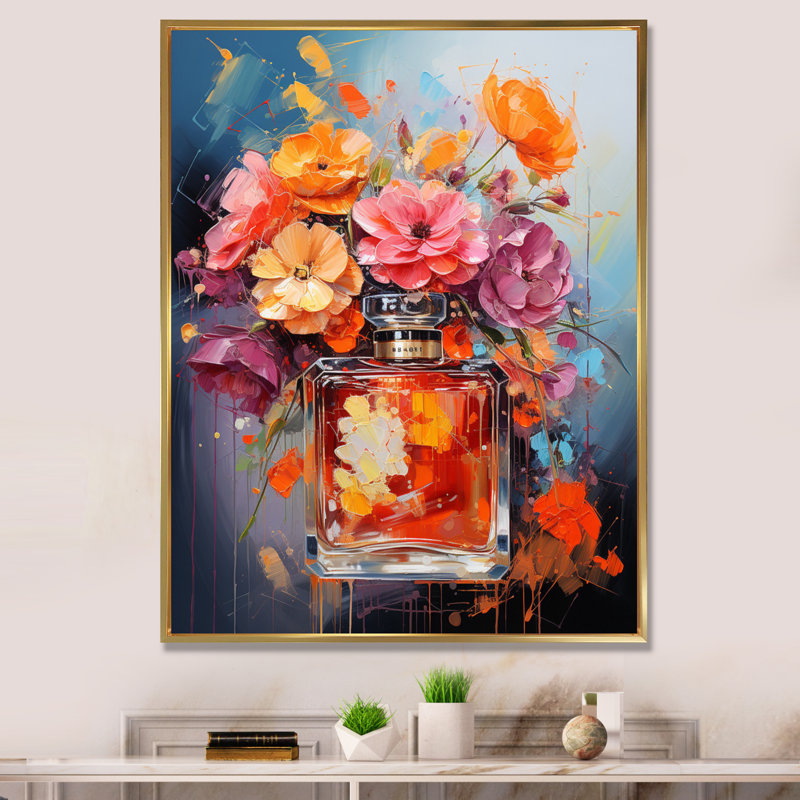 Danal " Perfume Multicoloured Collage I ", 32" H x 24" W x 1" D, Gold Floater Framed