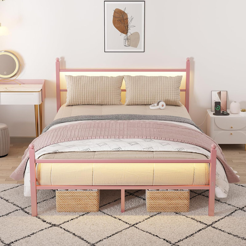 Bed Frame With Headboard And Footboard,heavy Duty Steel Slats Support Metal Bed Frame With Charging Station,, Full, Pink