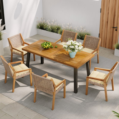 Outdoor Dining Set With Premium Acacia Wood Table And Wicker Chairs, Cream Cushions For Comfort, Ideal For Large Gatherings