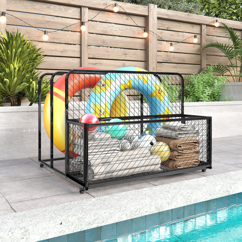 Metal Patio Pool Float Storage Basket, Outdoor Toy Rack And Multi Use Storage Organizer Bin For Floats, With Rolling Wheels