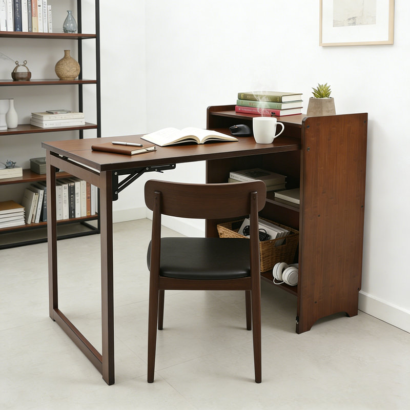 Bureau pliable avec tablettes de rangement Bibliothèque en bambou avec table rabattable pour chambre à coucher