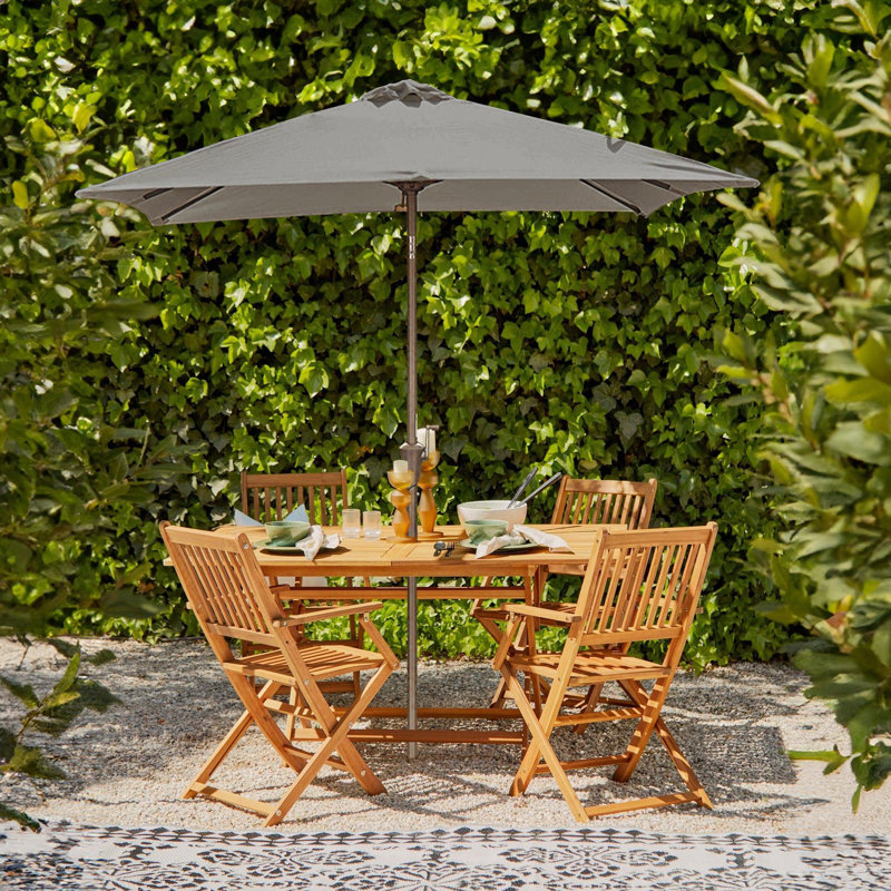 Nayoun 4 Seater Wooden Rectangular Garden Armchair Dining Set - 120cm, Natural/Grey, Grey Umbrella
