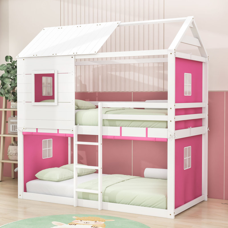 Lit superposé Playhouse avec conception de fenêtre élégante et garde-corps, Lit superposé simple sur simple, Rose/Blanc