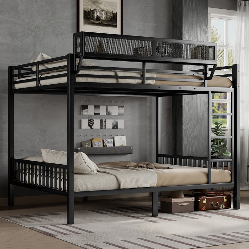 Queen Over Queen Bunk Bed for Adults, Heavy Duty Metal Bunk Beds Queen Size Frame with Storage Shelves & Ladder for Boys Girls, Noise-Free Steel Slats, Easy Assembly, Black