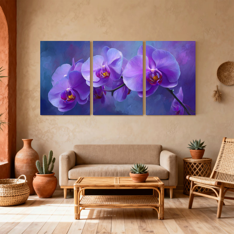 Plantes et fleurs, orchidée mauve, ensemble de 3 reproductions d'art sur toile, H 18 po x l 36 po