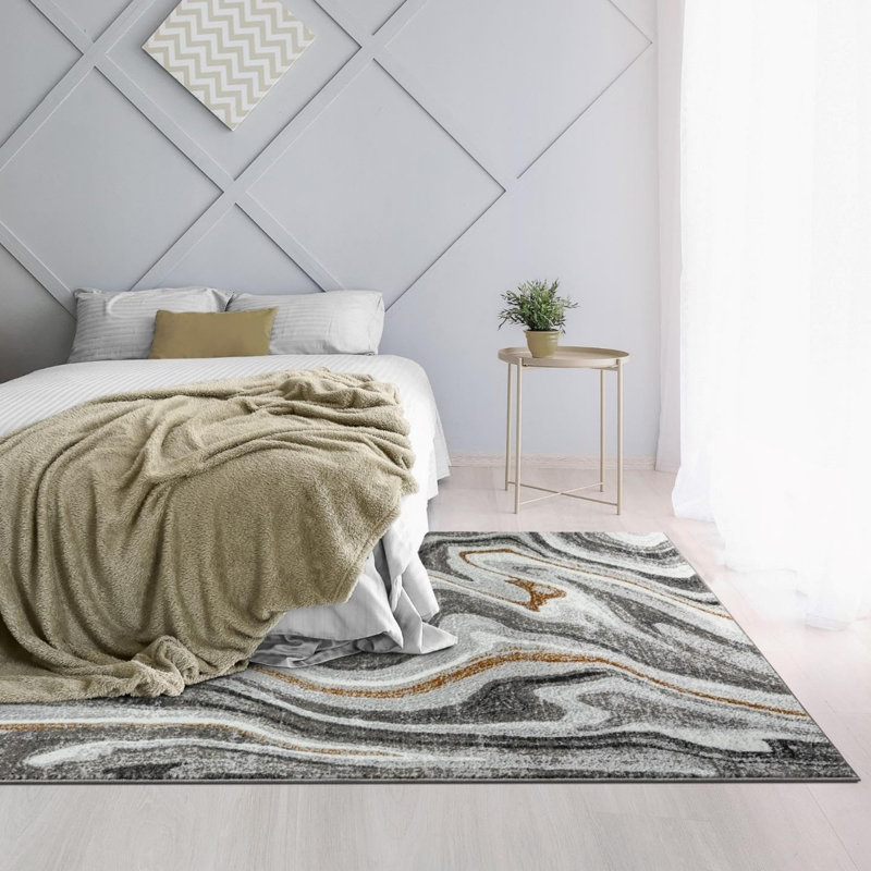Fluid Marble Rug 5 x 7 Ft for Bedroom, Gray Gold White