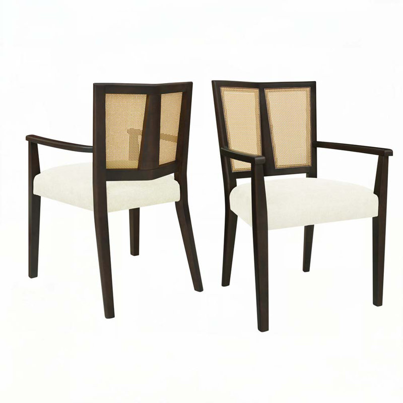 Chaises de salle à manger avec dossier en rotin, Marron foncé, Beige