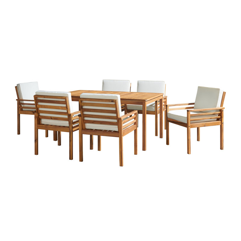 Ensemble de salle à manger d'extérieur 7 pièces Arjay en bois d'acacia massif, 1 table de salle à manger et 6 chaises avec coussins
