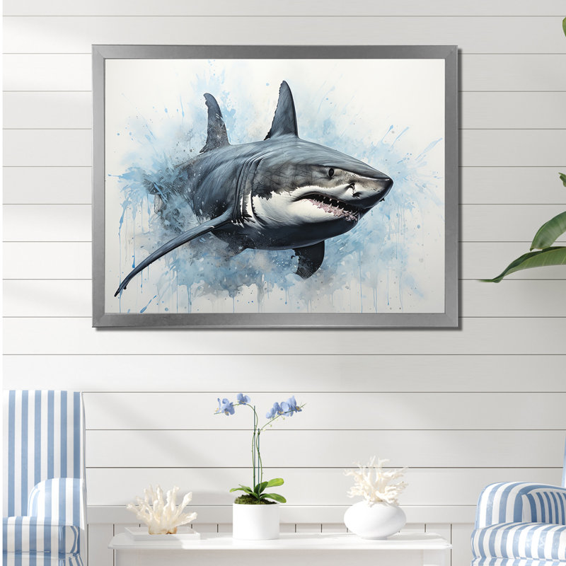 " Minimalism Blue Shark Painting I ", 24" H x 32" W x 1" D, Silver Single Picture Framed