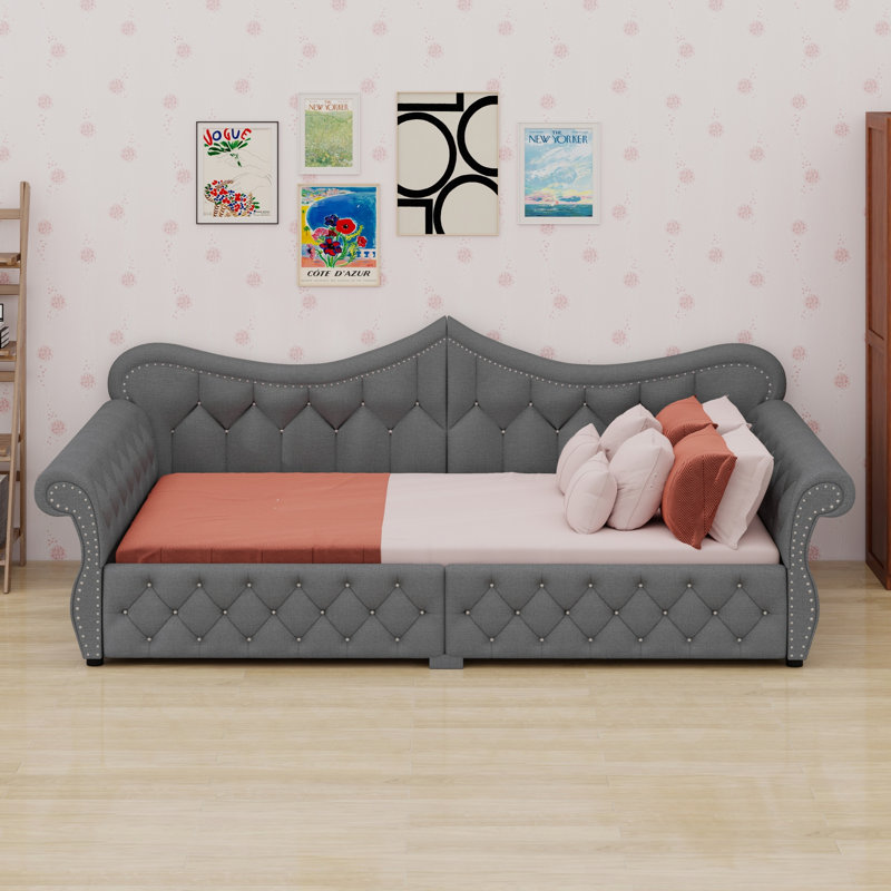 Modern Upholstered Daybed with LED and Nail Head Detailing, Gray