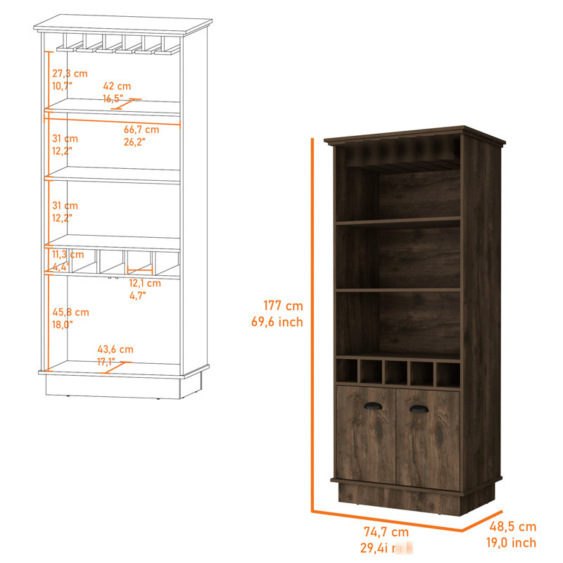 Armoire de bar fonctionnelle brune foncée avec tablettes pratiques - 3 tablettes et 5 bouteilles pour un rangement efficace Esthétique attrayante et attrayante