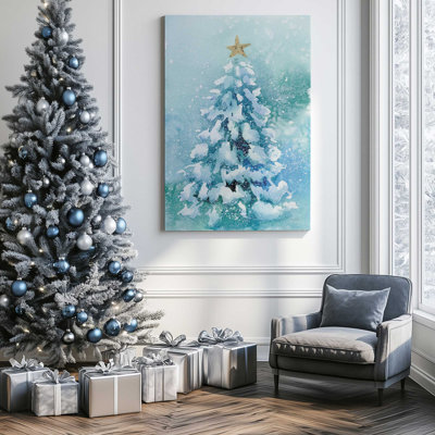 Frosted Christmas Tree Print on Canvas in a Polished Chrome Frame
