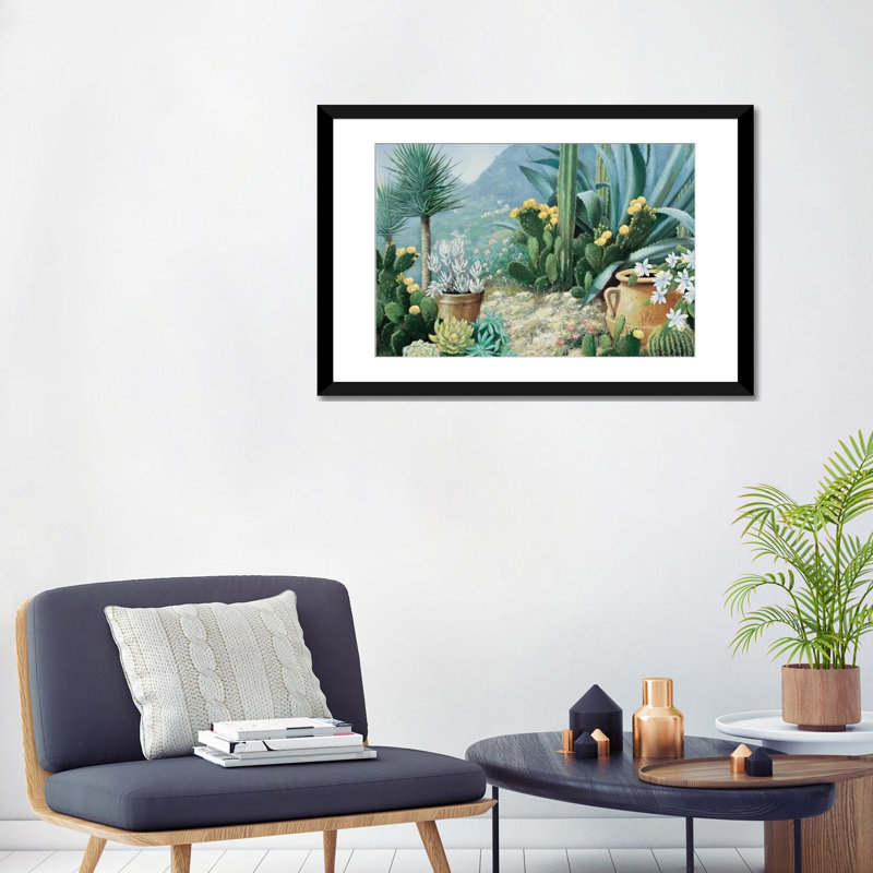 «Cactus», reproduction sur toile, H 24 po x l 32 po x P 1 po, Papier beaux-arts encadré noir, Blanc