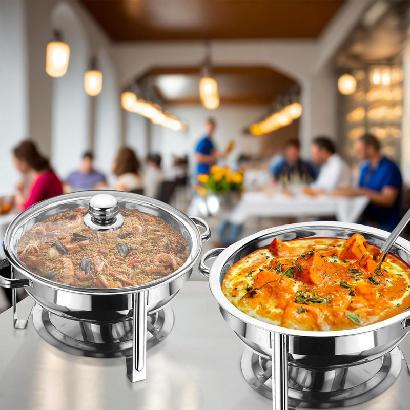 Belfry Kitchen Stainless Steel Round Chafing Dish 8.5l Buffet Dish Party Food Warmer With Glass Lid Serving For Banquet, Dinners, Weddings Parties