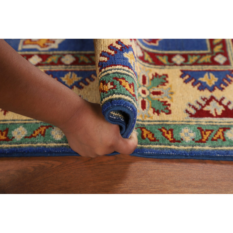 Tapis bleu Kazak à motif géométrique oriental 4 x 6