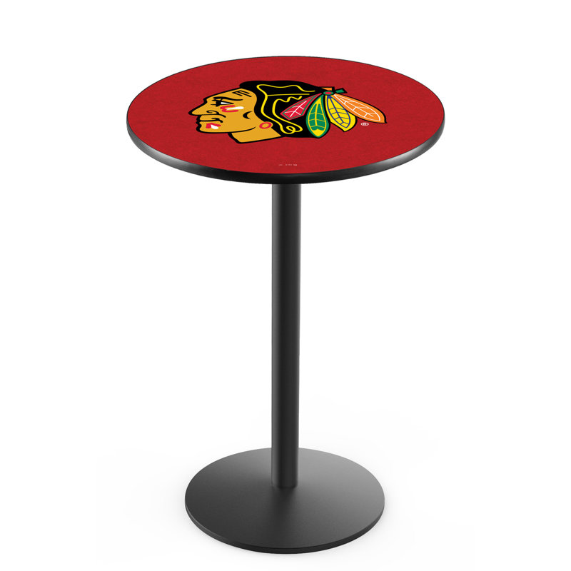 NHL Round Metal Base Dining Table, Black Wrinkle, Chicago Blackhawks - Red