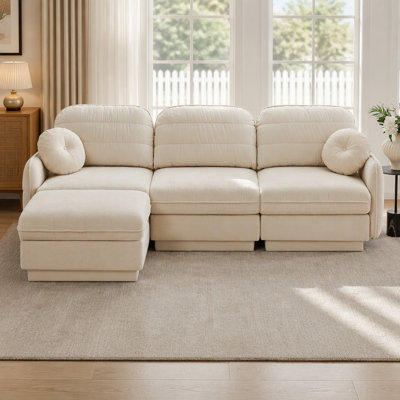 Canapé surdimensionné en L de 105 po en chenille, canapé à assise profonde avec repose-pieds mobile, coussins ronds exquis et coussins de dossier matelassés, pieds à structure encastrée, assemblage facile, convient au salon, beige crème
