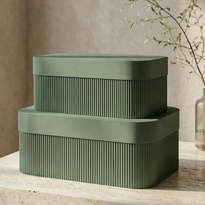 Decorative Storage Boxes with Lids ，Set of 2 Beautiful Fluted Photo Organizer Bins for Your Home Bookshelf Decor to Safely Store Your Documents, Memory Box Items and Other Keepsakes in Style