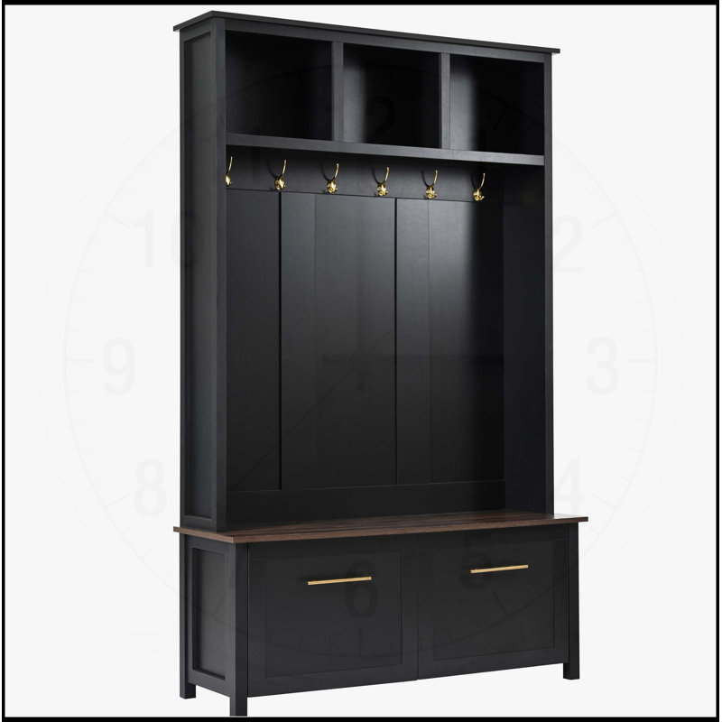 Versatile 4-in-1 Hall Tree with 6 Hooks, Wood Grain Bench, and Multiple Storage Options for Entryways and Living Rooms, Black