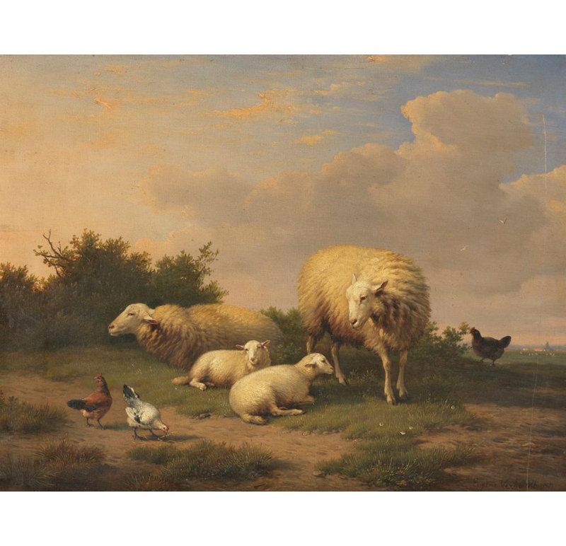 «Sheep and Lambs» par Eugène Joseph Verboeckhoven - Art mural sur toile tendue avec châssis, H 14 po x l 18 po