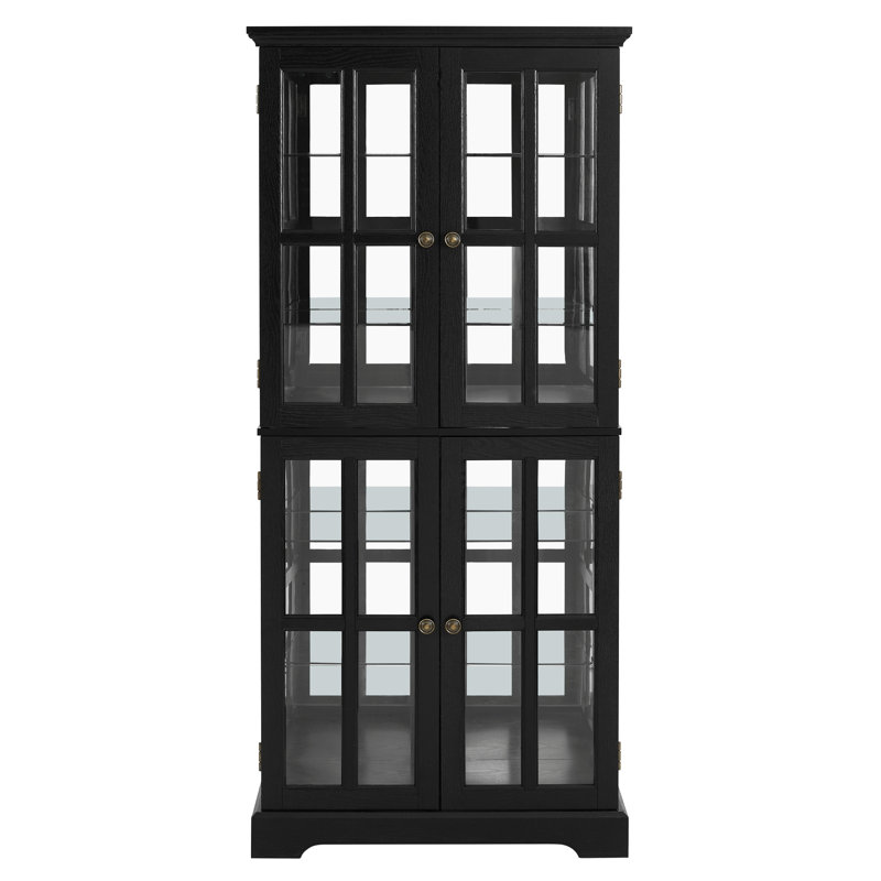 Black Glass Collectibles Cabinet With Adjustable Storage Space, Vintage Metal Handles, And Integrated For Dining Area Decor Antique Display Glass, Shelves, Base, Complementary Bulb Hallway