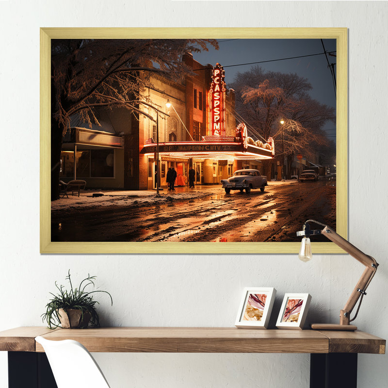 «Vintage Theatre Night Scenery - Theatres», art mural, Encadrement doré, H 16 po x l 32 po x P 1 po