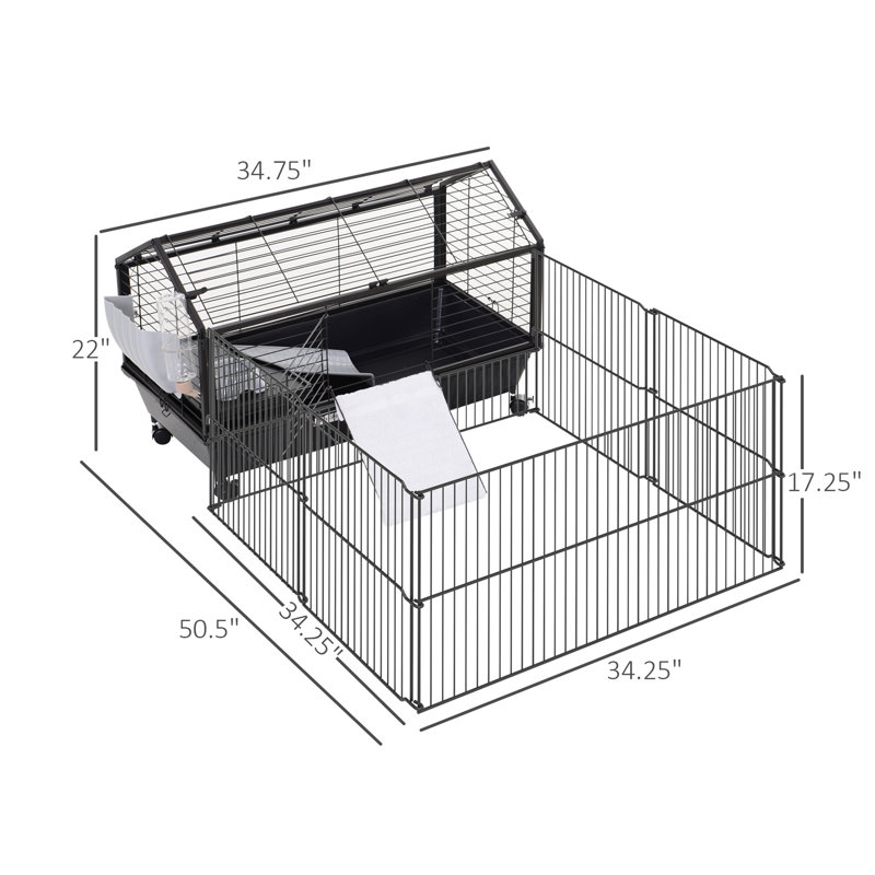 Small Animal Playpen Cage w/ Rolling Caster, Water Bottle, 35" L