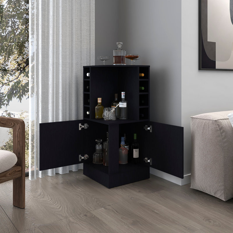 Toyei Corner Bar Cabinet with Bottle Rack, Open Shelves, and Hidden Storage, Black