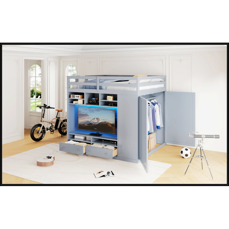 Lit mezzanine double avec tiroirs, Gris