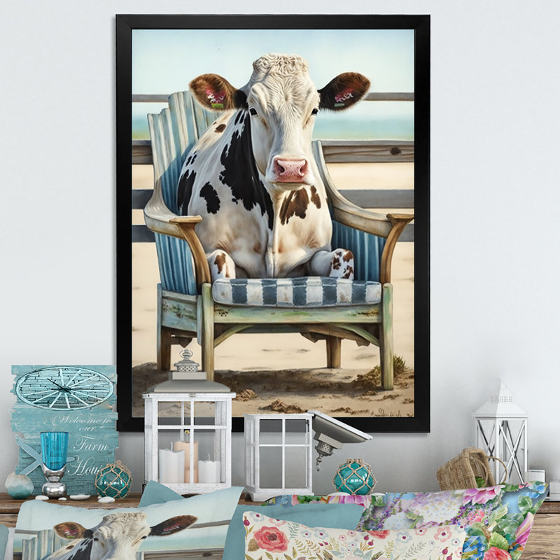 Vache sur une chaise III - reproduction sur toile, L 12 po x H 20 po, Impression noire sur toile encadrée