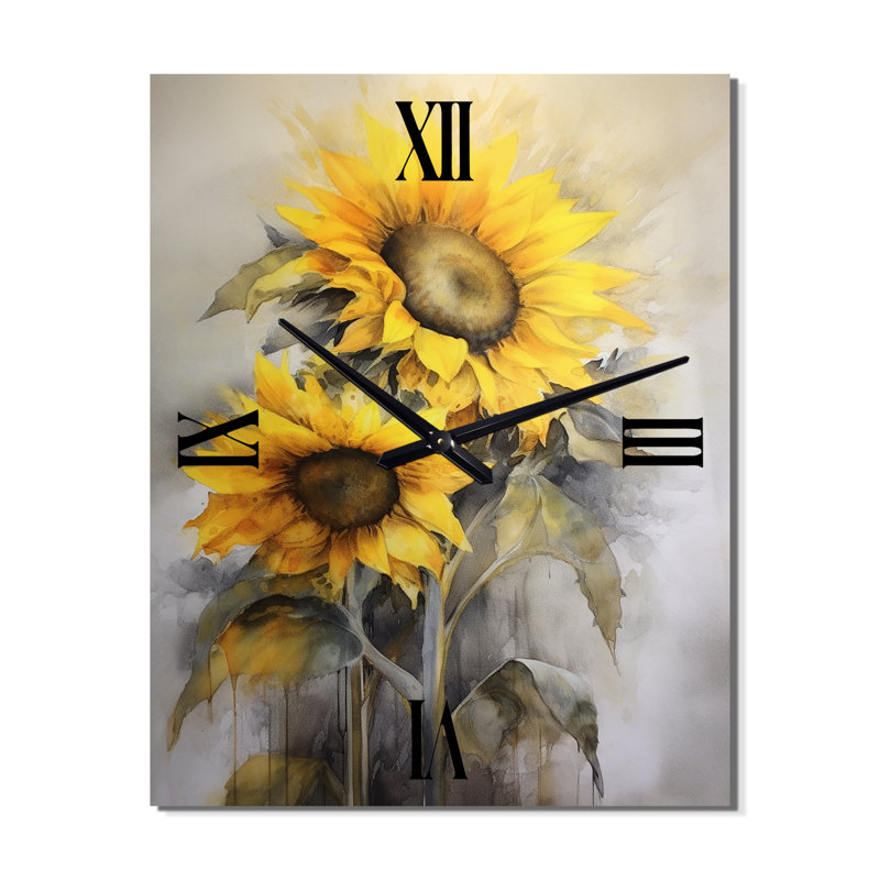 Jaune, gris, doré, horloges murales florales, Très grand