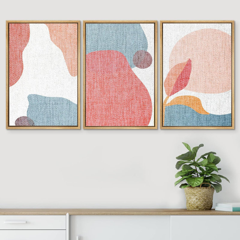 " Colourful Red Blue & Orange Ink Blots Abstract Shape Illustration Modern Art Chic Relax Calm " 3 - Pieces, Naturel