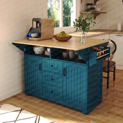 Grand îlot de cuisine 55,7 po avec 2 abattants K&K, chariot de cuisine roulant sur 5 roulettes avec prise de courant, table de salle à manger pliante avec porte-épices et porte-serviettes, 3 tiroirs, pour la cuisine, la salle à manger, vert