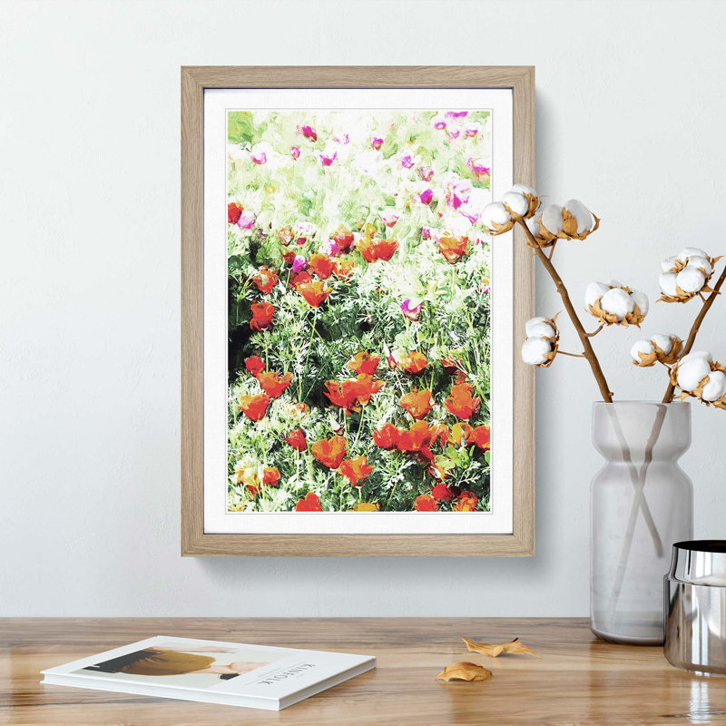 Poppy Field in Abstract - Picture Frame Graphic Art Print, Oak, 50cm H x 35cm W x 2cm D