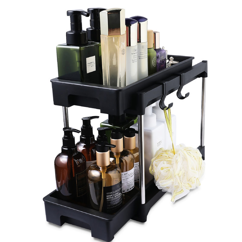 Double Drawer Under Sink Exquisite Organizer With 2 Hooks - Black Charming