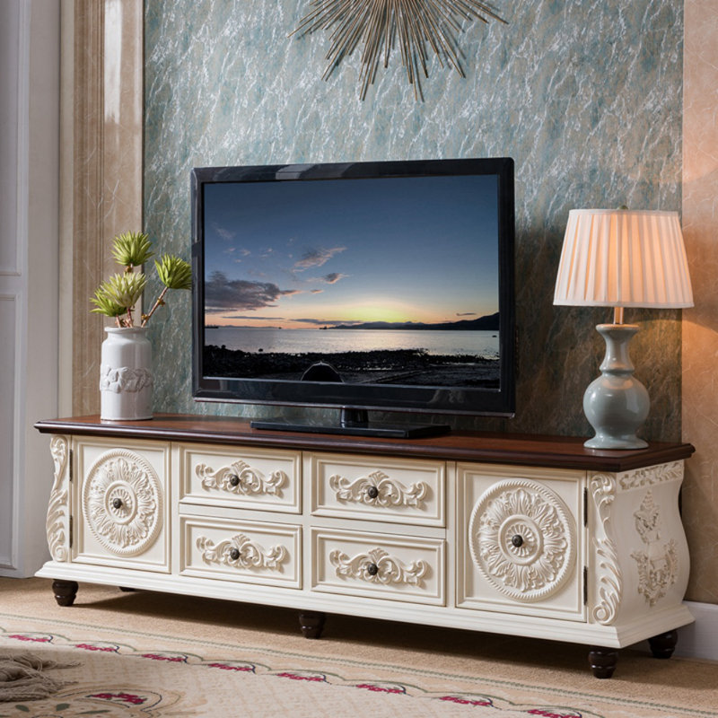 Vintage Carved Solid Wood TV Cabinet Unfinished TV Stand for TVs up to 75", Vintage White