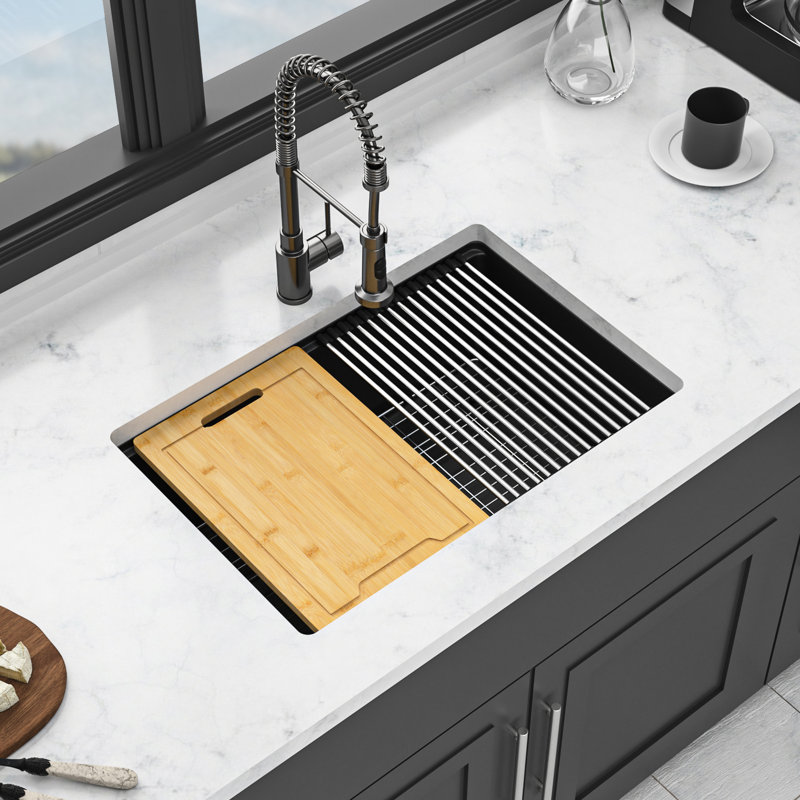 Évier de cuisine 28 pouces par 19 comptoir en quartz noir, matériau haut de gamme, surface lisse, élimine les vibrations, avec grille de séchage et grille inférieure noire, composite de 28 po x 19 po