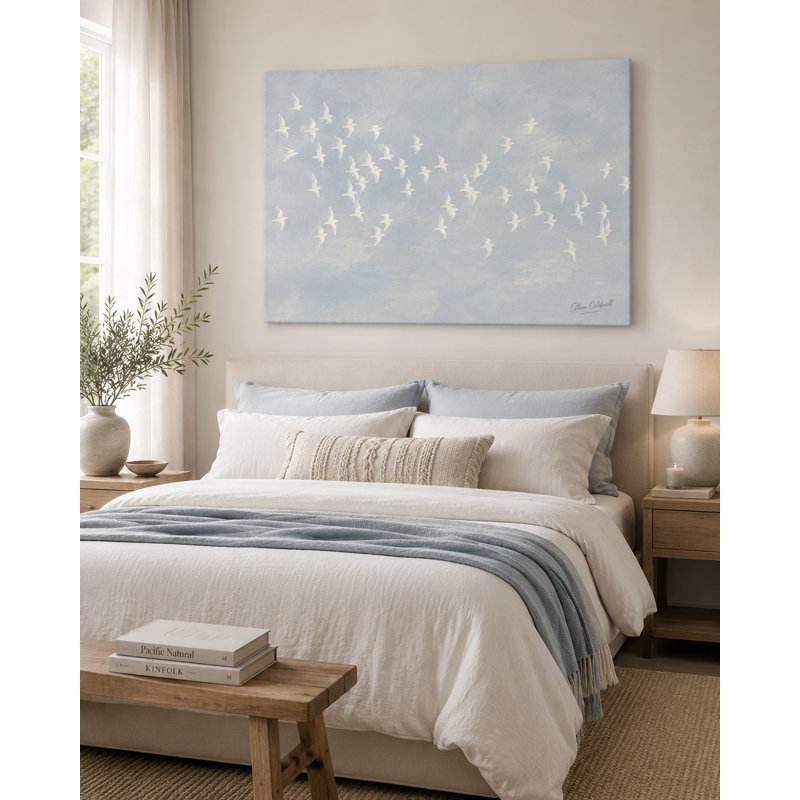 Art mural blanc, oiseaux blancs en vol, peinture d'oiseaux côtiers bleu-gris doux, décoration sur toile tendue Bayland