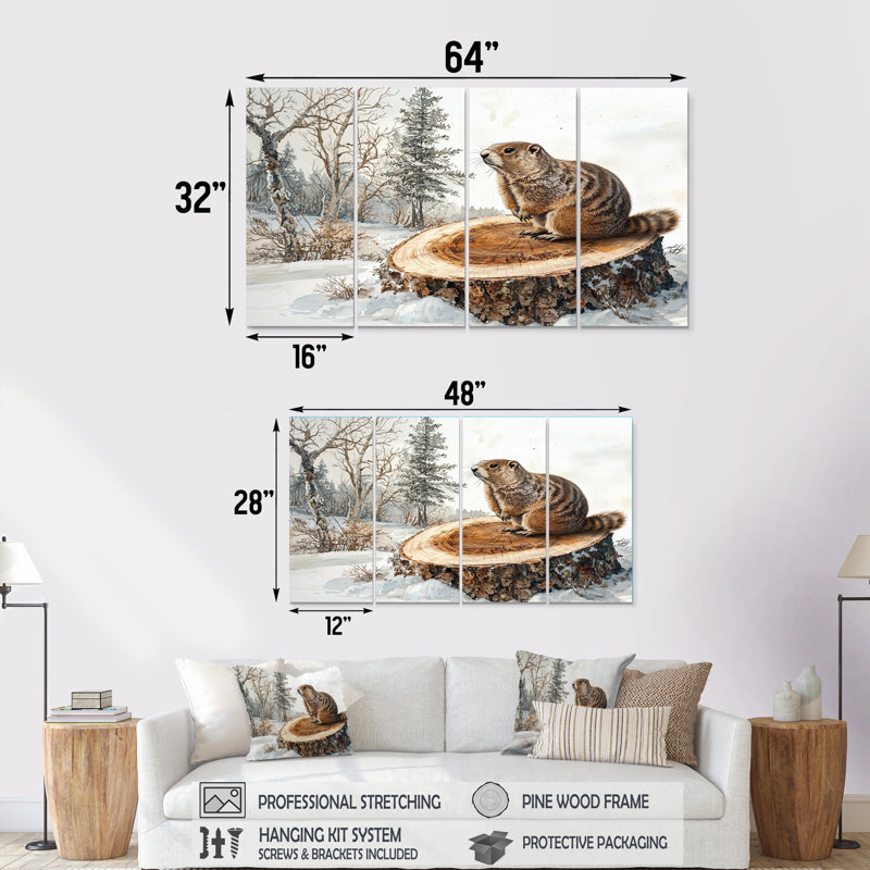 Forêt de marmotte, paysage d'hiver I - art mural de marmotte - décoration murale moderne, H 32 po x l 64 po, 4