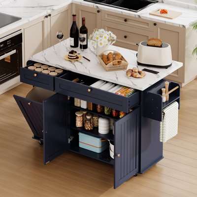 Jamera 60.2"W Kitchen Island with Two Large Storage Cabinets And Drawers, Locking Wheels