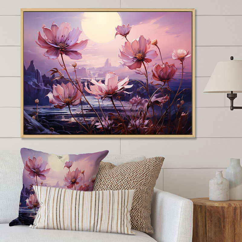 Harmonious Violet Flowers Field II sur impression sur toile, Cadre flottant blanc, H 34 po x l 44 po x P 0,5 po