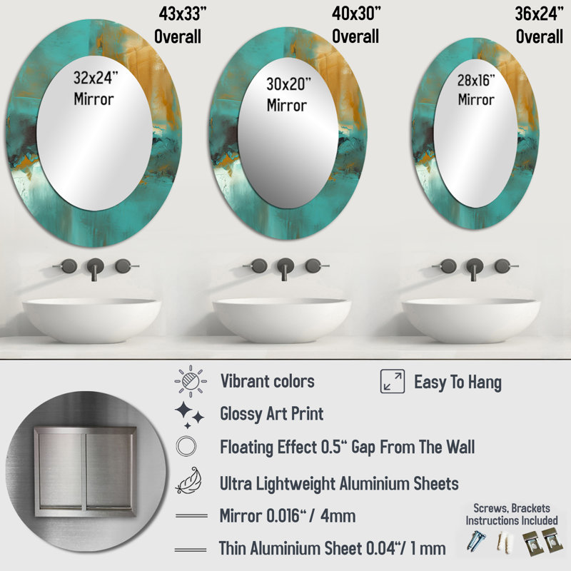 Becoming the Ocean Sun Abstract Teal And Gold III - Gold Modern Oval Wall Mirror, 36 po x 24 po