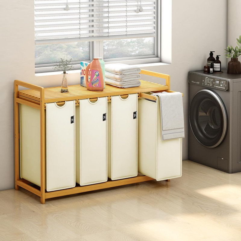 Bamboo Laundry Basket and Storage Rack, Beige, 30.3" H  x 40.5" W x 16.3" D