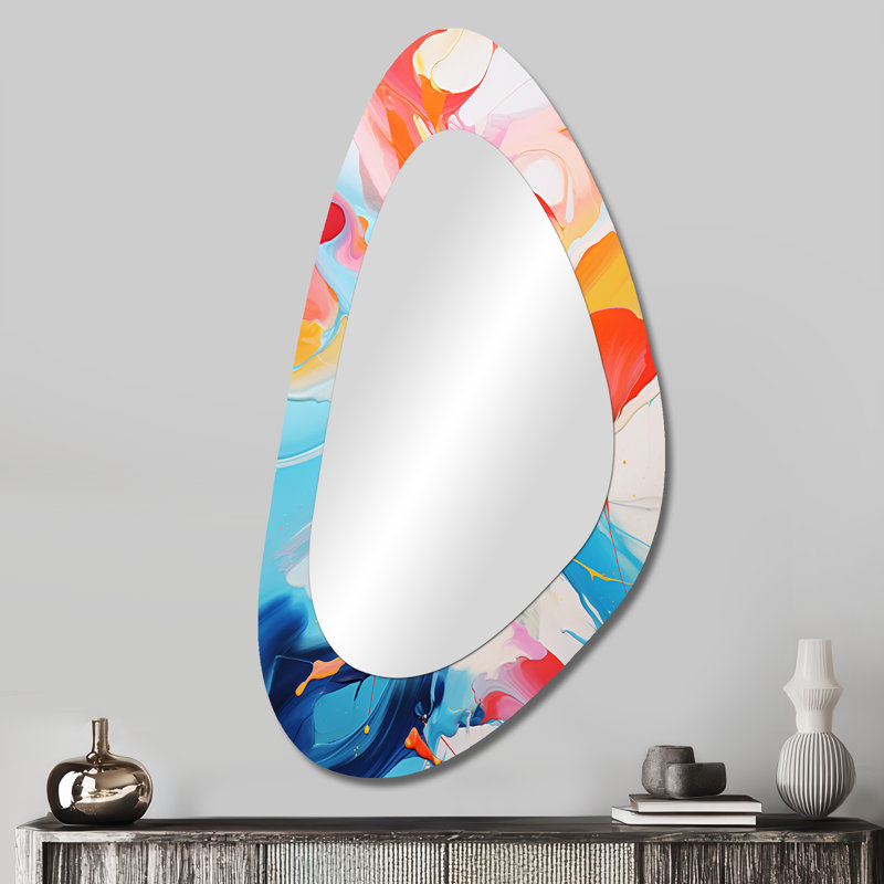 Peinture bleue et rose avec tempête I - encre liquide grand miroir asymétrique moderne, décor mural unique, impression sur métal