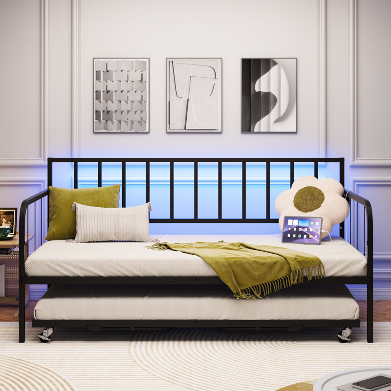 Lit de jour simple avec lit gigogne, structure de lit en métal pour chambre d'amis, peu encombrant, éléments classiques de style moderne, support robuste, rangement inférieur, assemblage facile, construction facile
