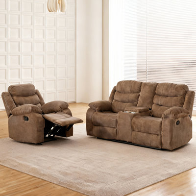 Polyester Reclining Set: Manual Recline Chair And Loveseat With Storage & Cupholders by Latitude Run