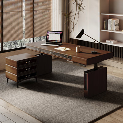 Light Luxury Solid Wood Electric Height-Adjustable Desk (with Independent 3-Drawer Cabinet) — Ash Wood with Leather Trim, Smart Memory Lift System