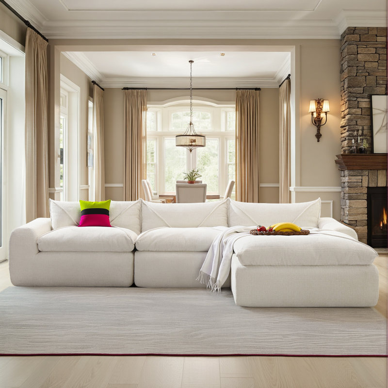 Modular Sectional Sofa Chenille Fully Compressed L-shaped Couch with 28" Deep Seats & Movable Ottoman, No Assembly Required